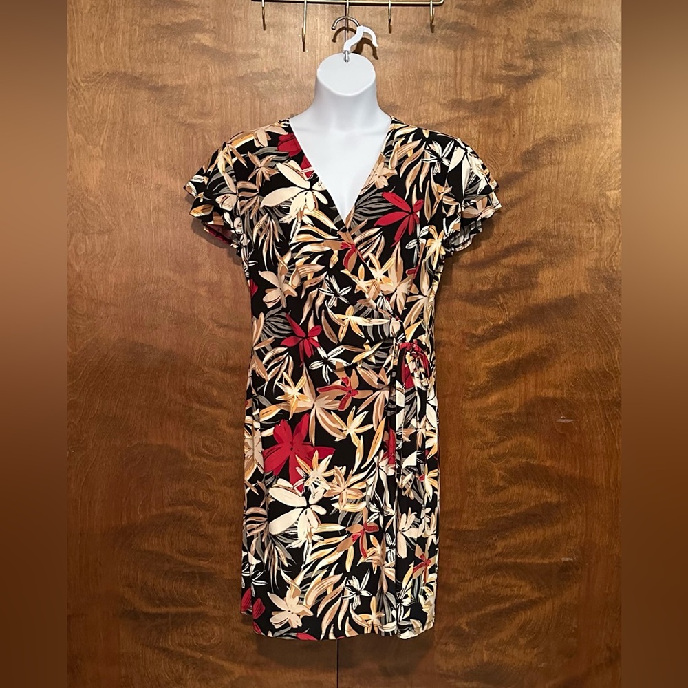 Anne Klein Flutter Sleeve Faux Wrap Dress Womens Plus 1X Black Palm Print Knit